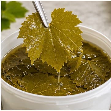 Grape leaf lifted from brine for inspection